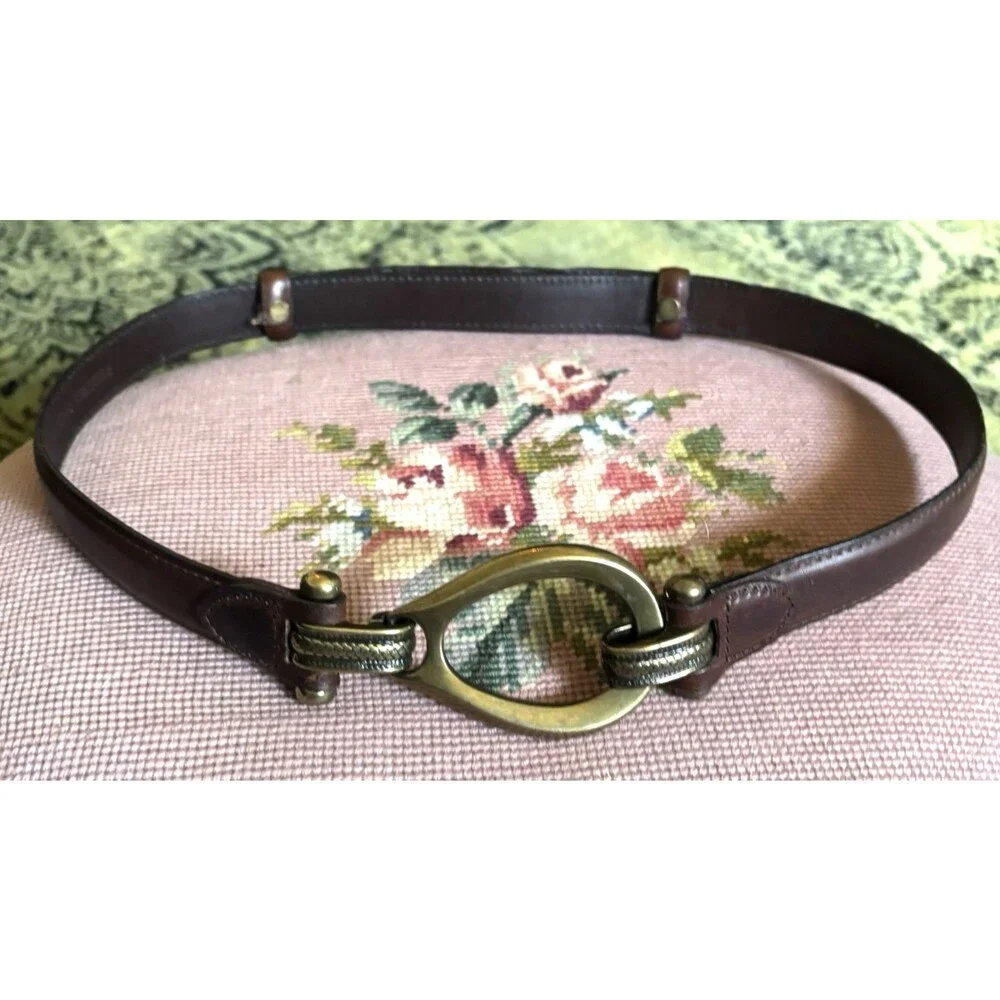 Vintage Brown Leather Waist Belt Brass sz M Adjustable Equestrian Western Snake